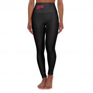 High-Waist Yoga Leggings — Black with Pink "Bianca Boom" Logo & Kiss Accent