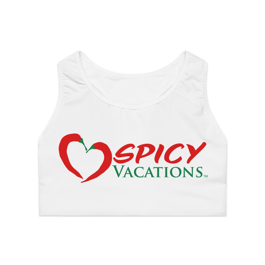 Spicy Vacations Sports Bra — Logo Activewear Top for Travel & Resort Vibes