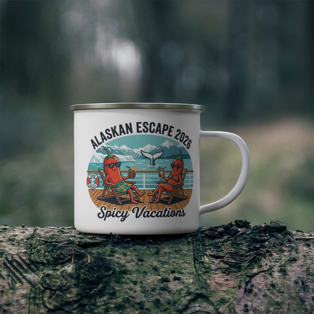 Enamel Camping Mug — "Alaskan Escape 2026" Spicy Vacations Graphic Camping Cup