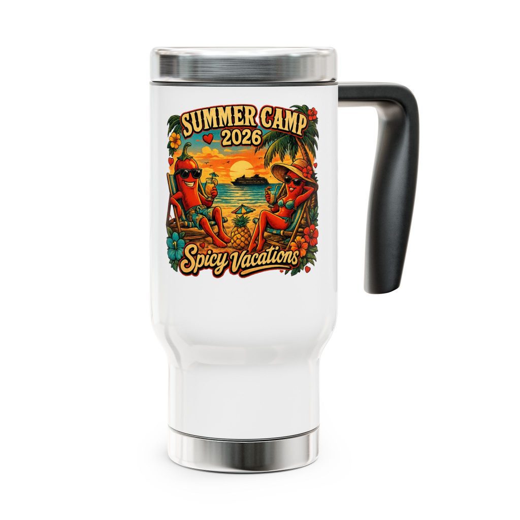 Summer Camp 2026 Spicy Vacations Travel Mug — 14oz Stainless Steel with Handle