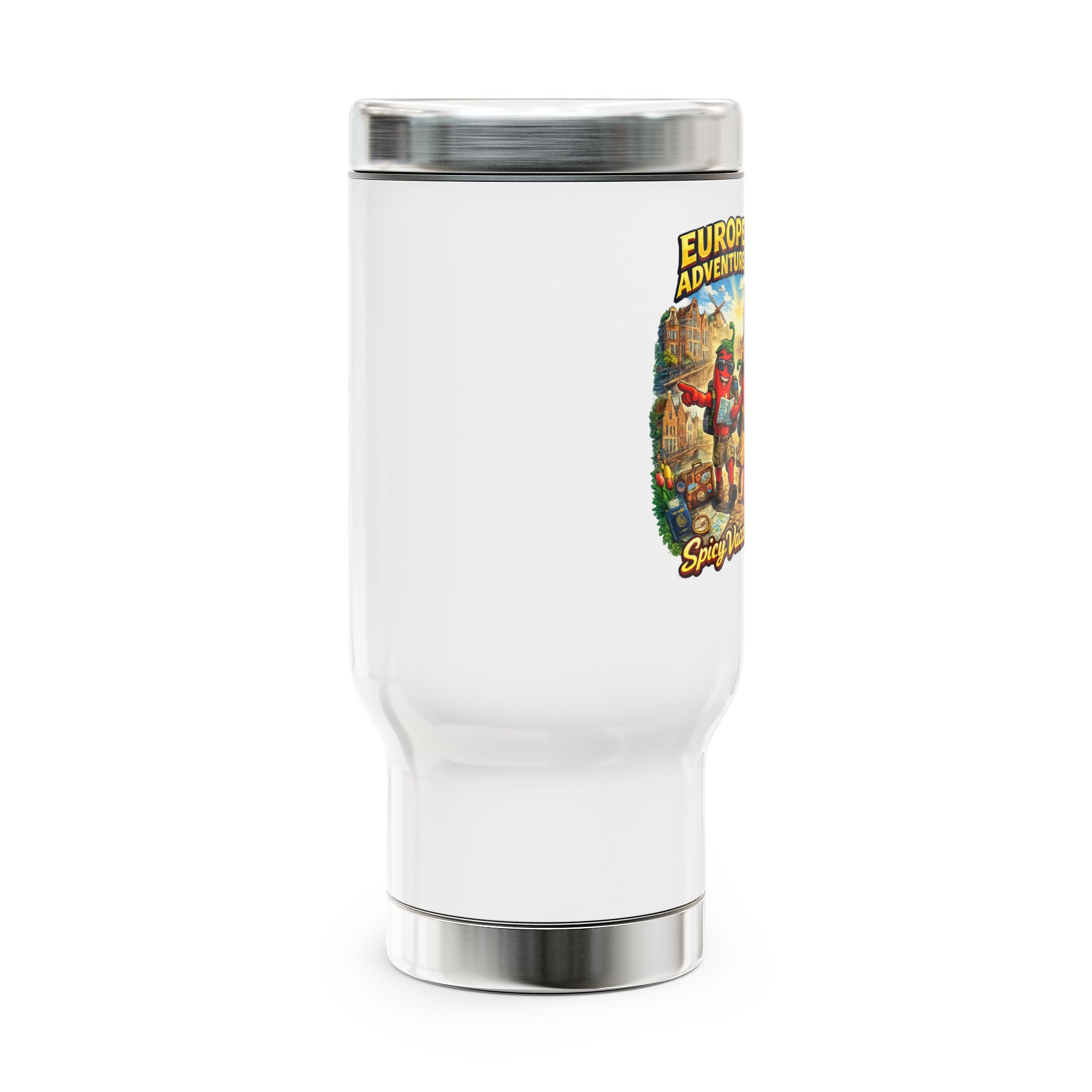 European Adventure 2026 Spicy Vacations Travel Mug — 14oz Stainless Steel with Handle - Image 2