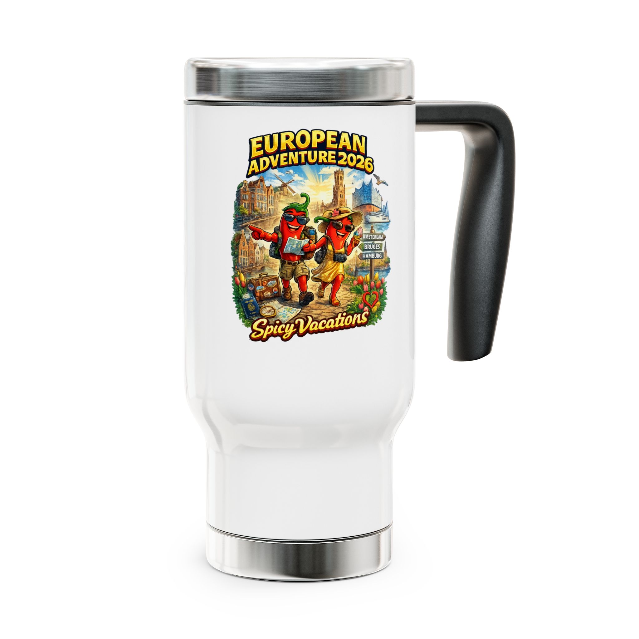 European Adventure 2026 Spicy Vacations Travel Mug — 14oz Stainless Steel with Handle